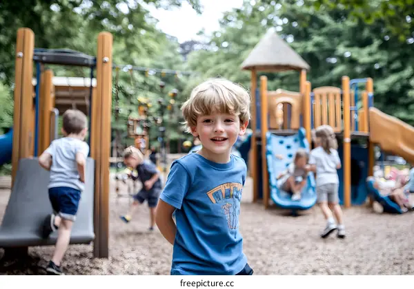 Smiling Boy on Playground with Other Children