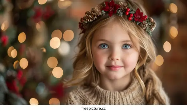 Little Girl with Blonde Hair and Blue Eyes Wearing a Wreath of Flowers