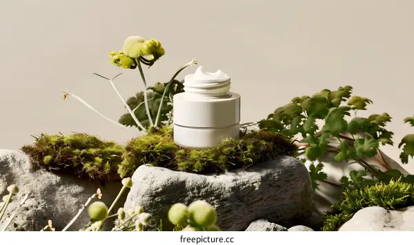 Natural Beauty Cream Jar On Moss Covered Rocks