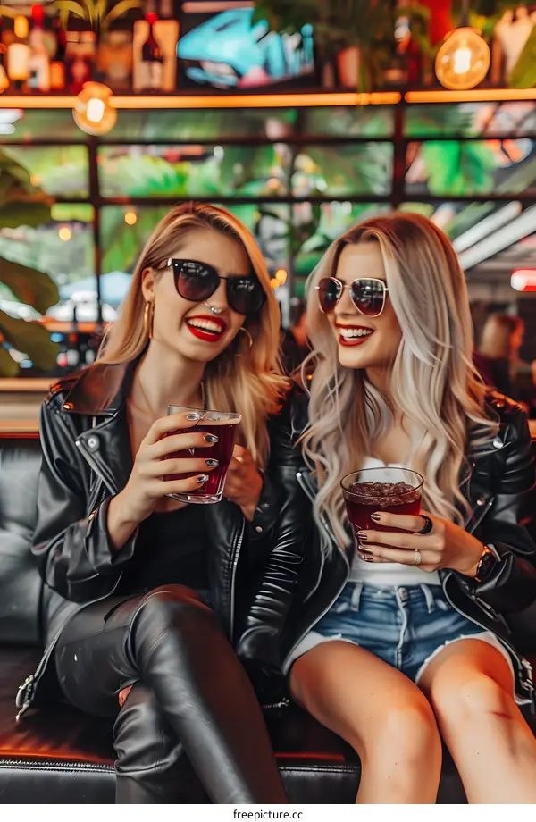 Two Blonde Women In Leather Jackets Smile and Drink Cocktails in a Bar