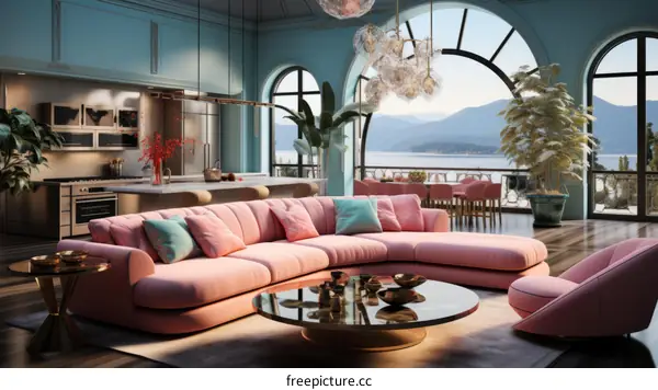 Luxury Villa with Pink Sofa and Stunning Lake and Mountain Views