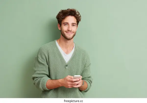Smiling Man Holding Smartphone Against Sage Green Background