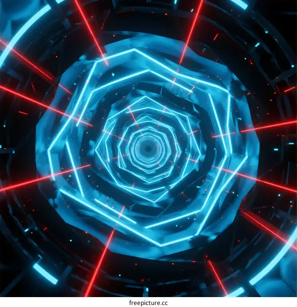 Futuristic Blue Hexagonal Tunnel with Red Laser Lines