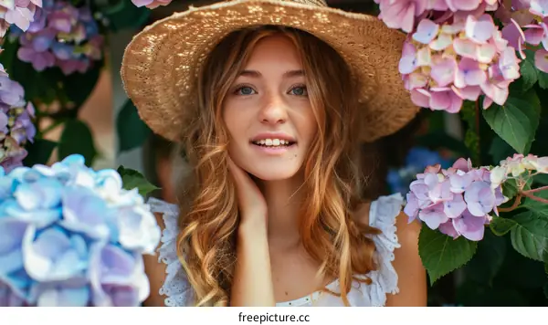 Portrait of a beautiful young woman in a straw hat standing in a garden of hydrangeas