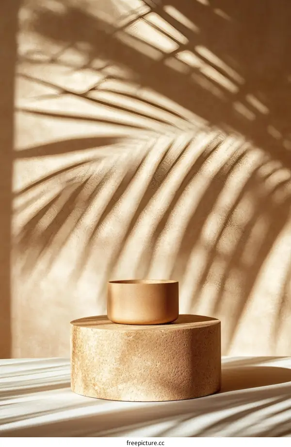 Golden Bowl on a Beige Display Stand with Sunlight and Shadow