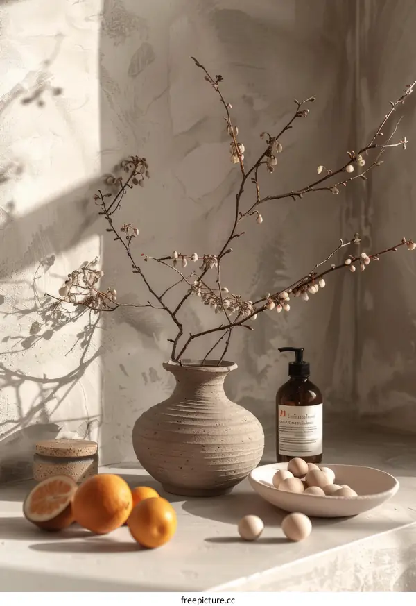 Still life with vase, oranges, and soap dispenser