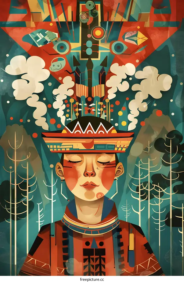 Abstract Illustration of Native American Woman with Geometric Patterns and Symbols