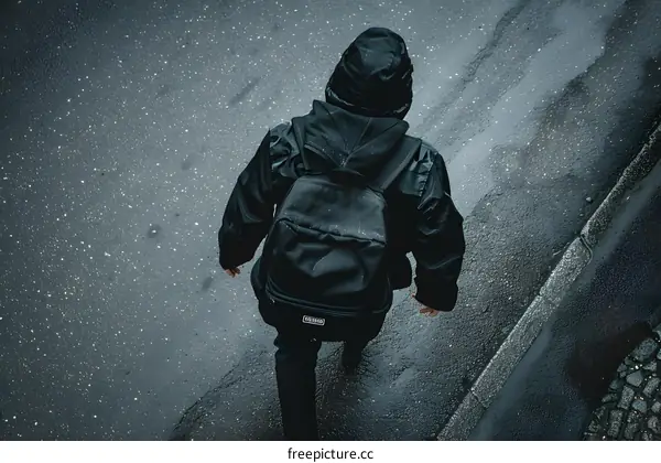 Person in Black Walking on a Wet Street