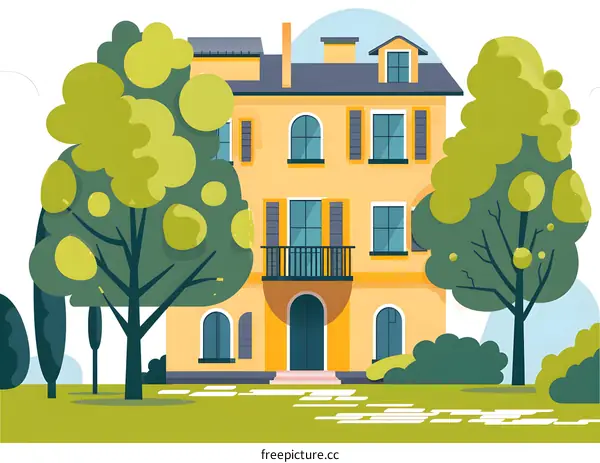 Yellow House with Green Trees and Balcony