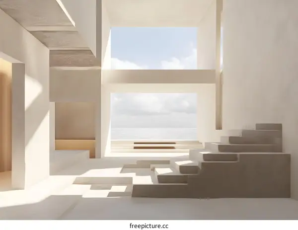 Minimalist Architecture Interior Design With Stairs And Ocean View