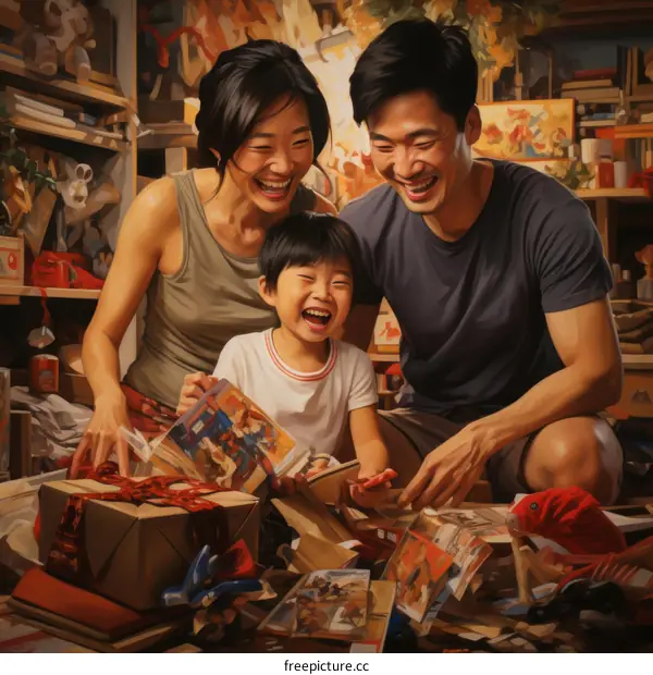 A happy family of three is opening presents on Christmas morning.