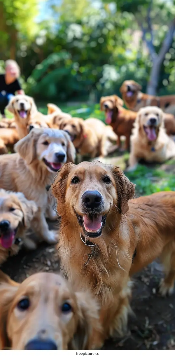 A group of golden retrievers are playing in the park