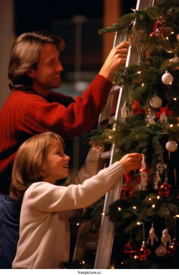 Father and daughter decorating a Christmas tree