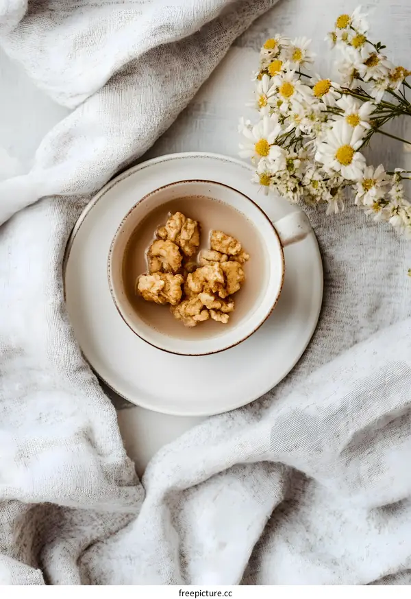 Cup of Tea with Walnuts and White Flowers on a Grey Blanket