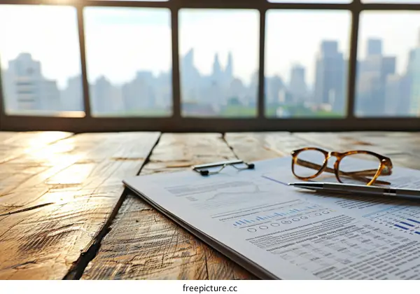 glasses and pen on desk with cityscape in the background