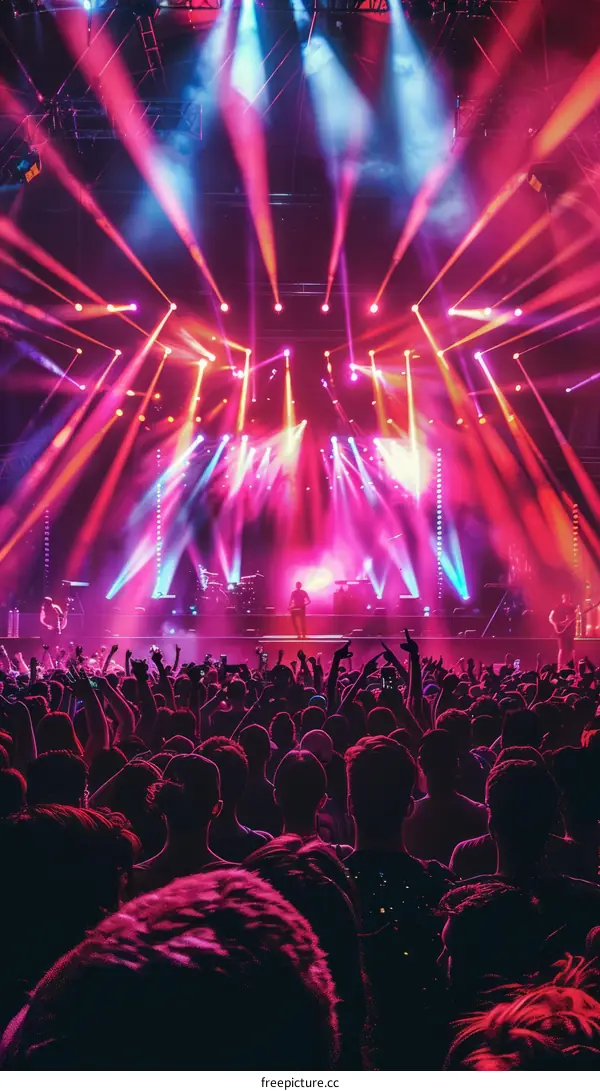 Pink and purple lights at a concert with many people raising their hands