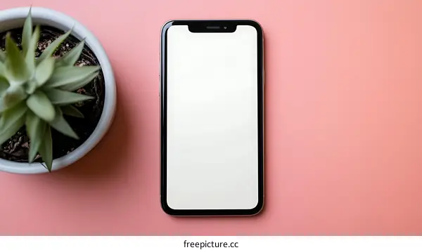 Smartphone with White Screen and Plant on Pink Background