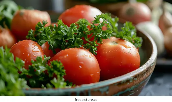 A bowl of ripe tomatoes with parsley