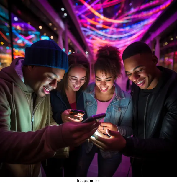 Four friends looking at their phones in a colorful tunnel