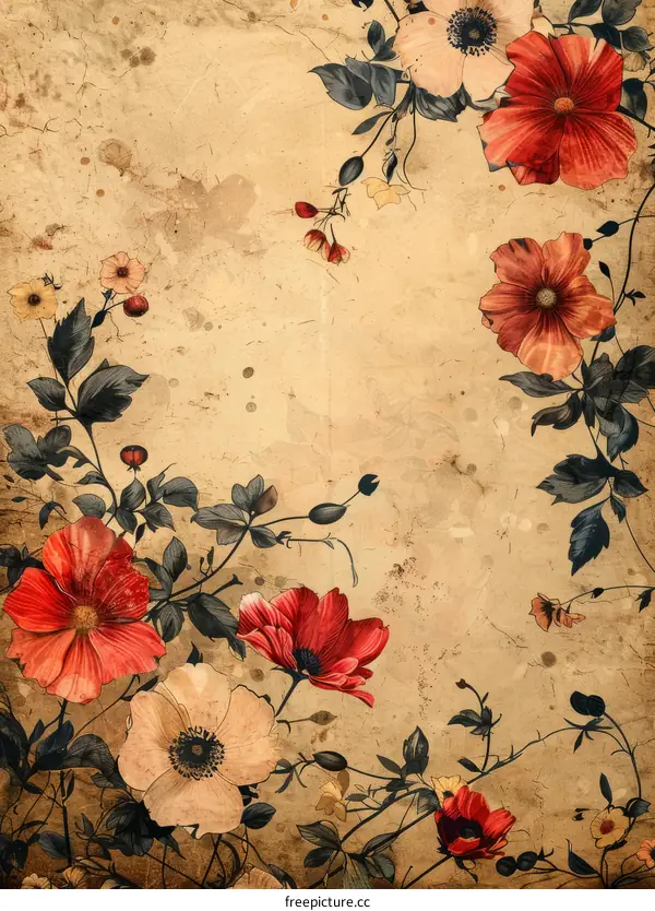Vintage Floral Background with Red and Cream Flowers