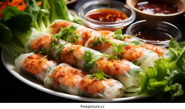 Fresh and delicious Vietnamese spring rolls with vegetables and shrimp