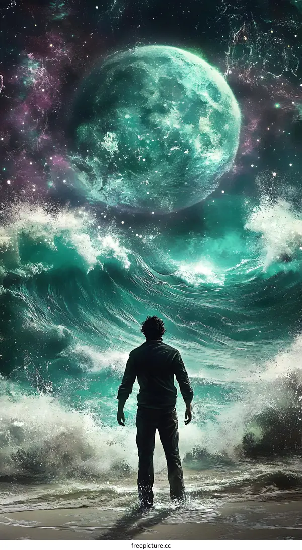 Man Standing in Front of a Giant Wave and a Green Moon