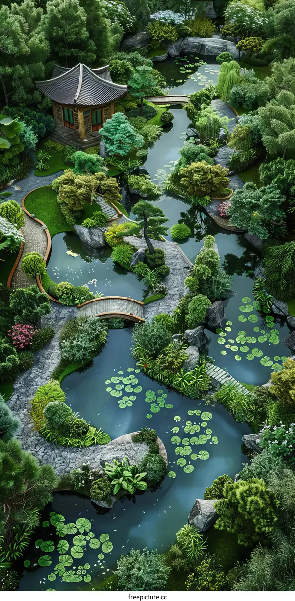 Serene Chinese Garden with Pavilions, Rockeries, and Lotus