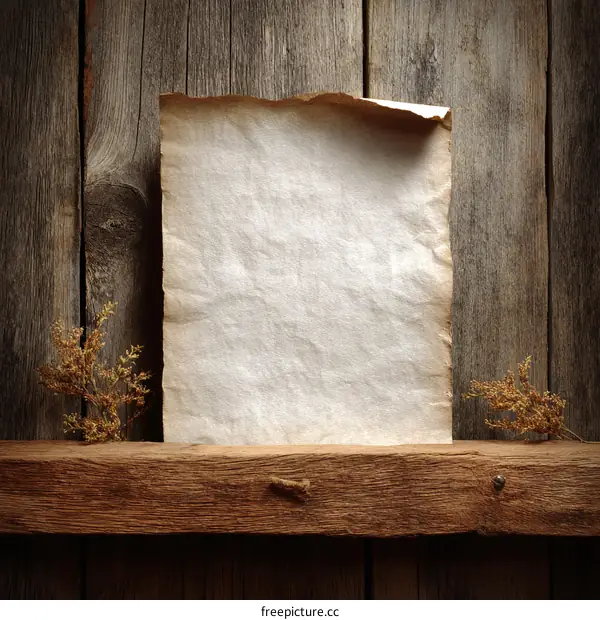 Vintage Blank Paper on Rustic Wooden Shelf