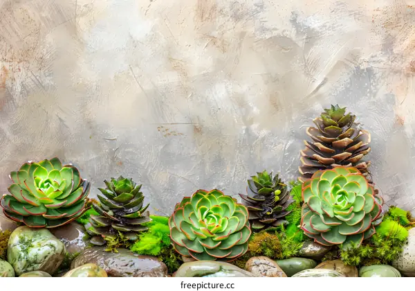 Succulents With Rocks And Moss Against A Neutral Background