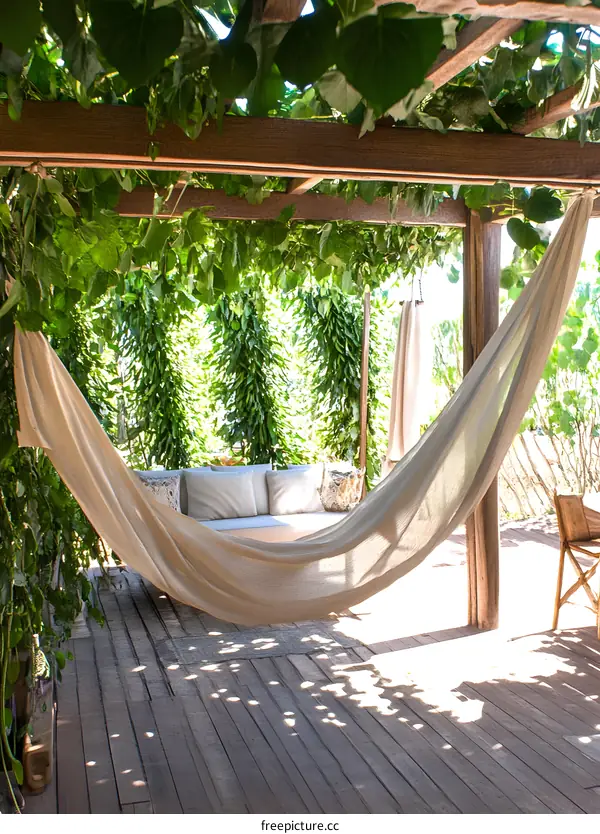 Relaxing Hammock Under Wooden Pergola Covered in Greenery