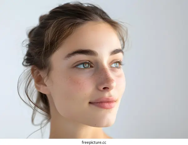 portrait of a young woman with green eyes and freckles