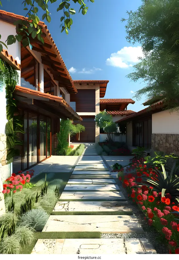 Modern Courtyard Design With Stone Pathway And Landscaping