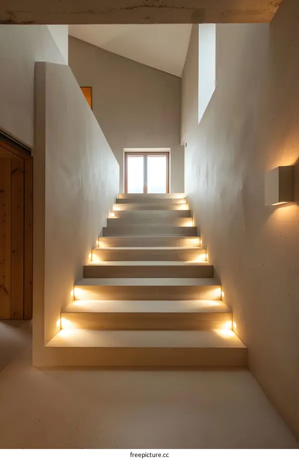 Modern Concrete Staircase with Warm Lighting in Minimalist Interior Design