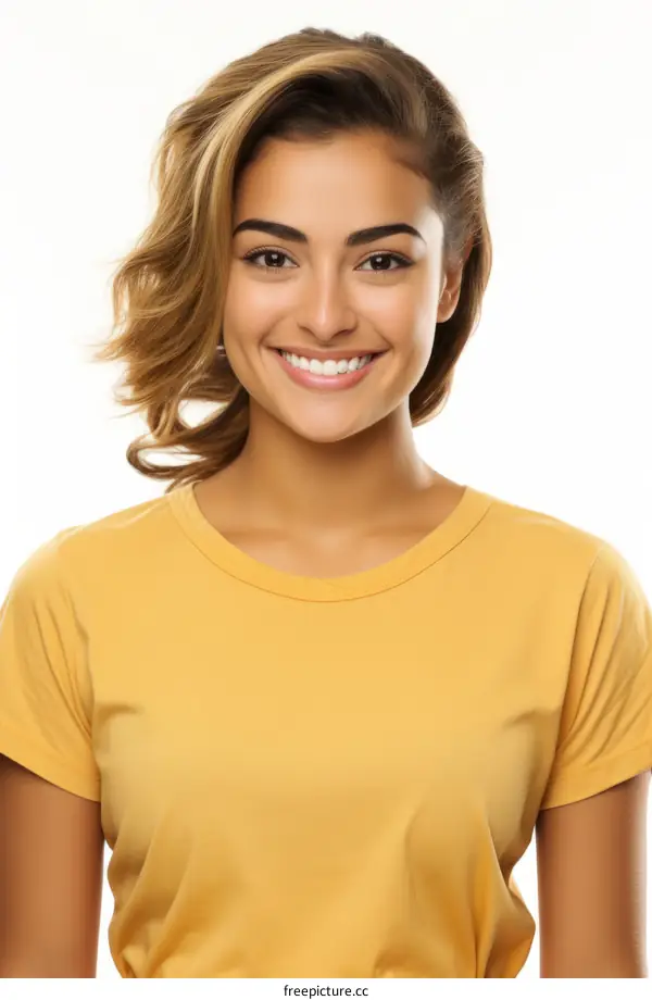 Portrait of a smiling young woman with brown hair wearing a yellow t-shirt