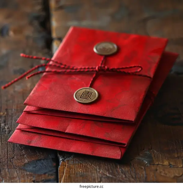 Four red envelopes tied with red string on a wooden table