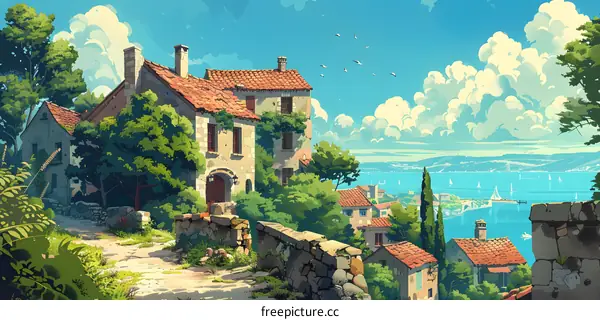 An illustration of a beautiful landscape with a house, trees, and a sea