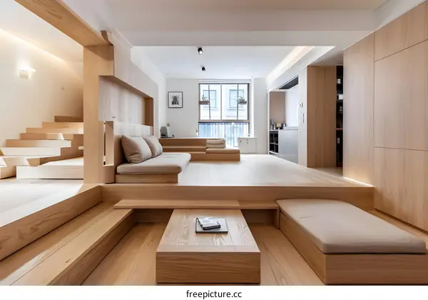 Modern Minimalist Living Room Design With Wooden Platform and Stairs