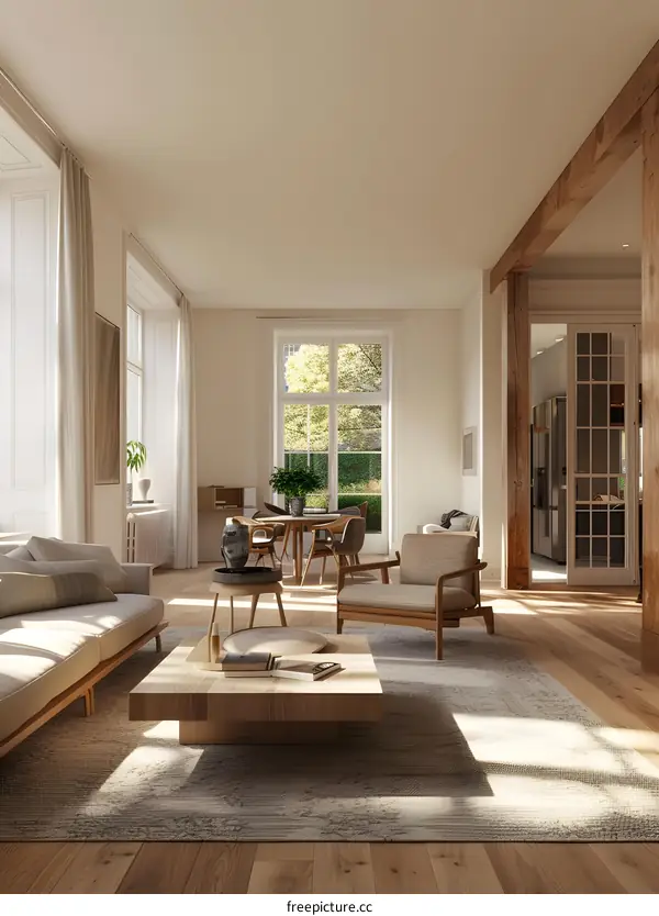 Modern Minimalist Living Room Design with Large Windows and Wooden Beams