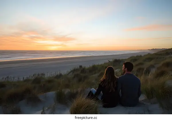 Couple Sitting On Sand Dune Watching Sunset Over Ocean