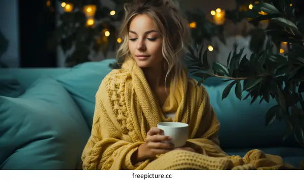 Young woman relaxing on sofa wrapped in a blanket holding a cup of tea