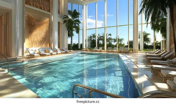 Indoor Swimming Pool with Palm Trees and Blue Sky View