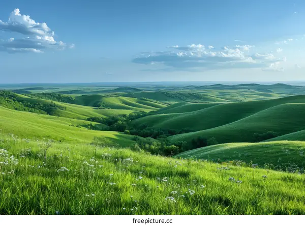 Landscape of green rolling hills under blue sky