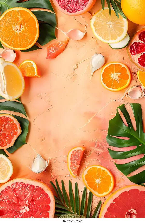 Citrus Fruits and Green Leaves on a Peach Background