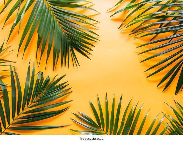 Tropical Palm Leaves on Yellow Background