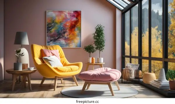 Modern Interior Design Living Room with Large Windows and Colorful Wall Art