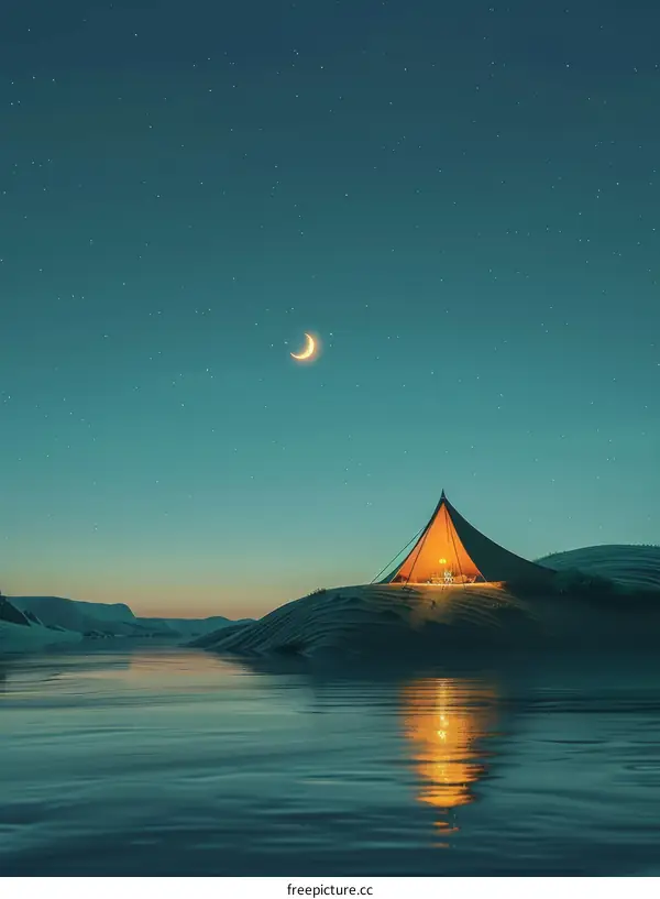 The tent is located on the beach by the lake under the moonlight