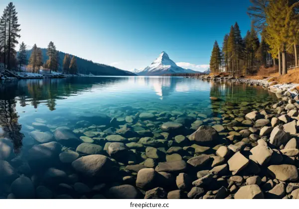 Stunning mountain lake landscape with crystal clear water and snow capped mountain peaks in the distance