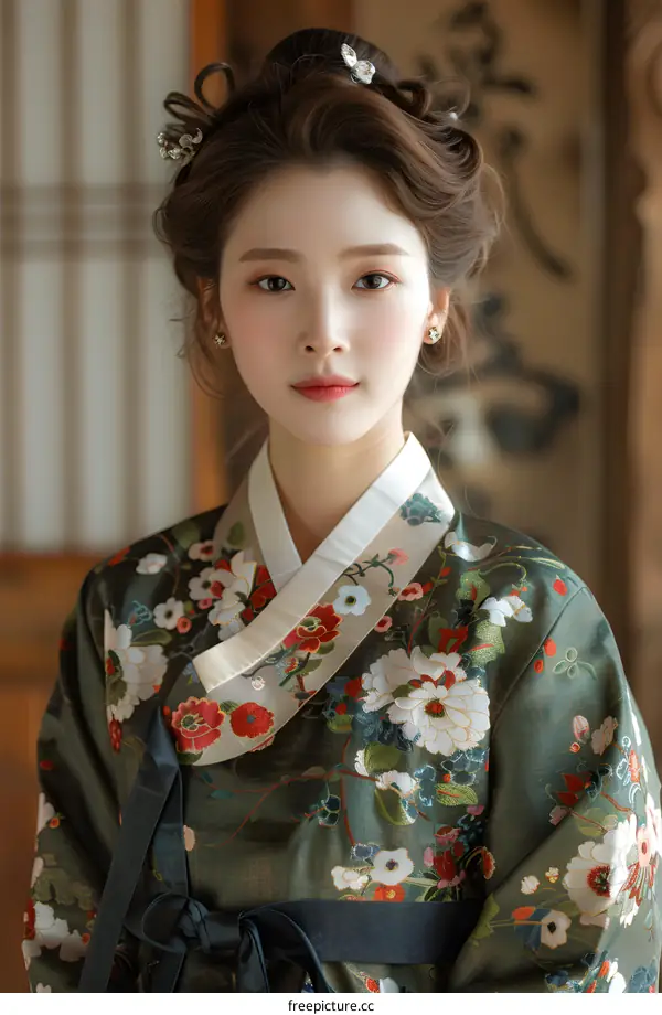Korean Woman Wearing Traditional Hanbok Dress