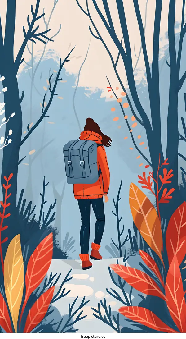 Woman Hiking Through Autumn Forest