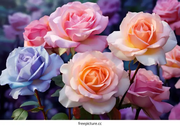 Bouquet of Roses in Pink, Orange, Lavender, and Peach